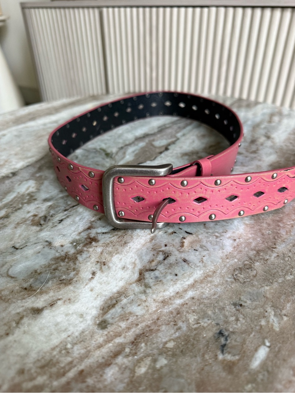 Y2K Pink Studded Leather Belt Western Cutout Grommet Wide Belt L 40